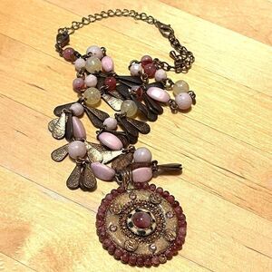 Medallion Shaped Pendant Bronze Tone Necklace Pink Coral Gemstones Holiday Gift